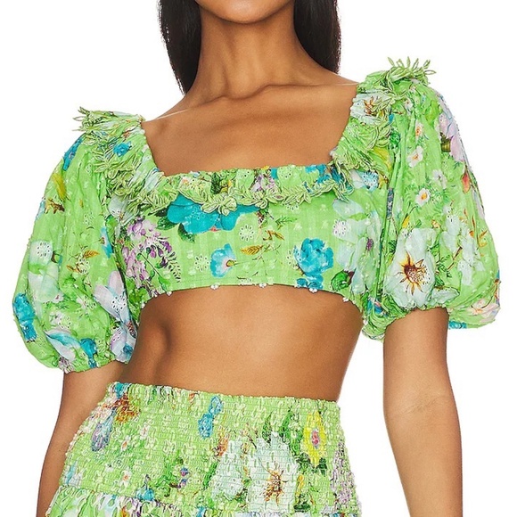 NEW $232 HEMANT AND NANDITA Laya Eyelet Lace Puff sleeve Crop Top SIZE XS - Picture 1 of 5